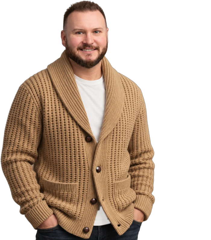 Jeremy Zdrill in a camel shawl cardigan